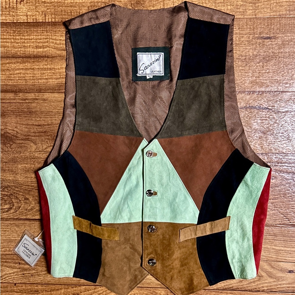 Sanzzini • Vintage • Men’s • One Size • Leather • Brown/Green/Black • Vest • New